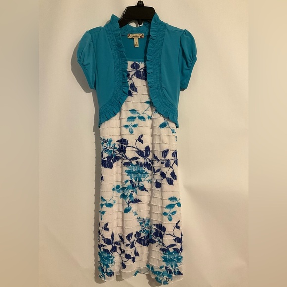 Speechless Dress Turquoise White 16 Girls Floral Ruffle Tiers Bolera Short Sleev - Picture 1 of 11